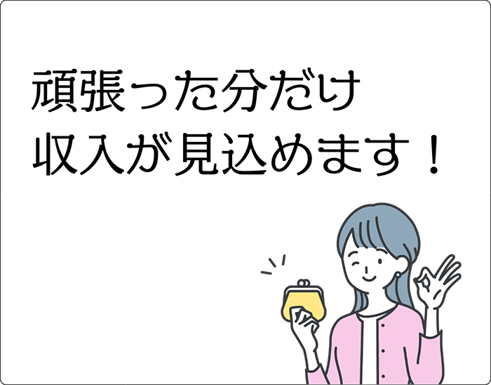 頑張った分だけ、活躍に応じて収⼊が⾒込めるのが 魅⼒です。また最低保証給制もあります。